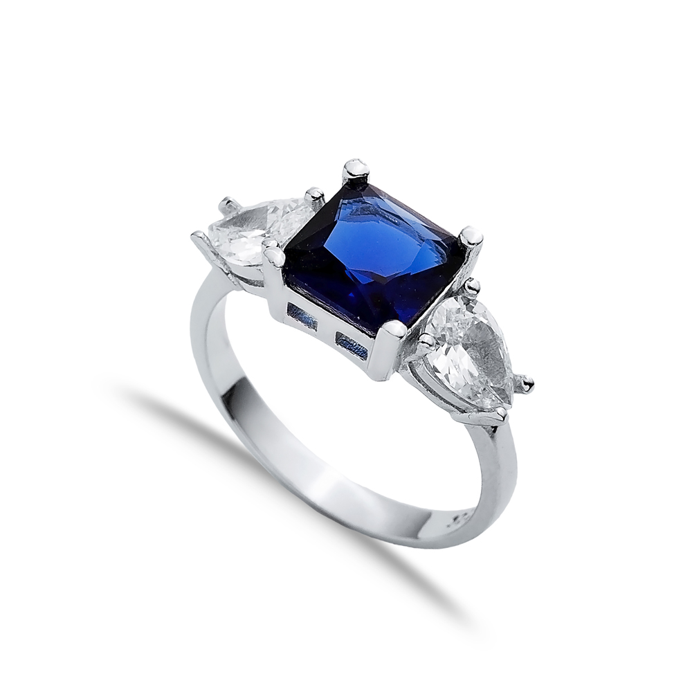 Square Sapphire Pear CZ Stone Ring Wholesale Silver Jewelry