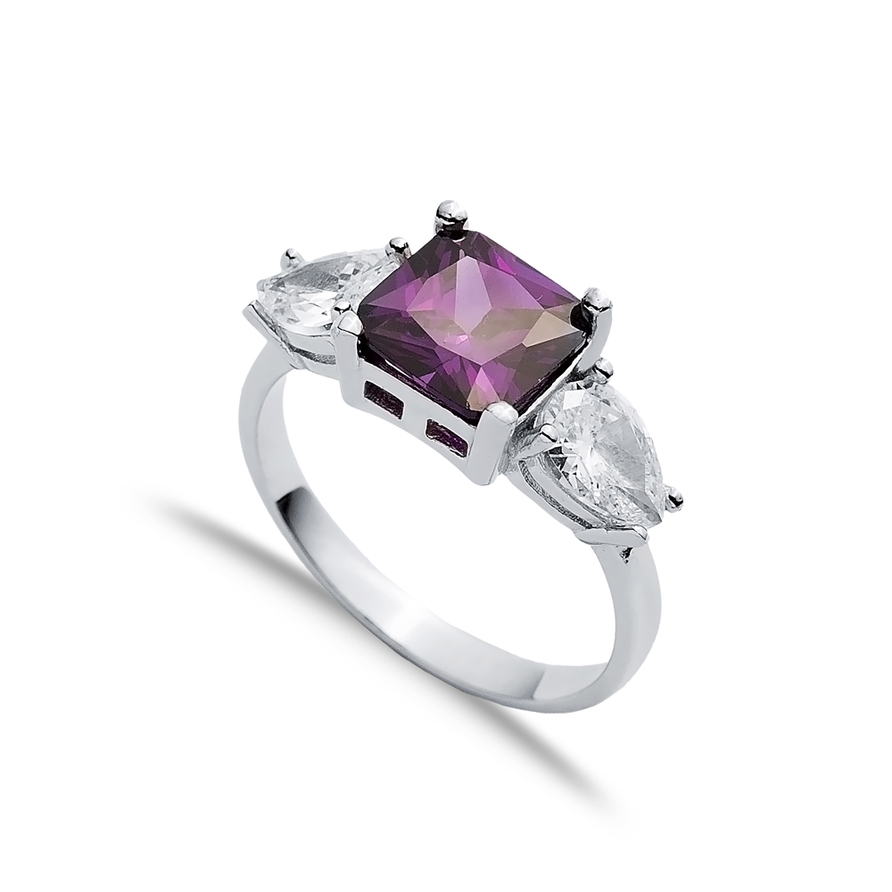 Square Amethyst Pear CZ Stone Ring Wholesale Silver Jewelry