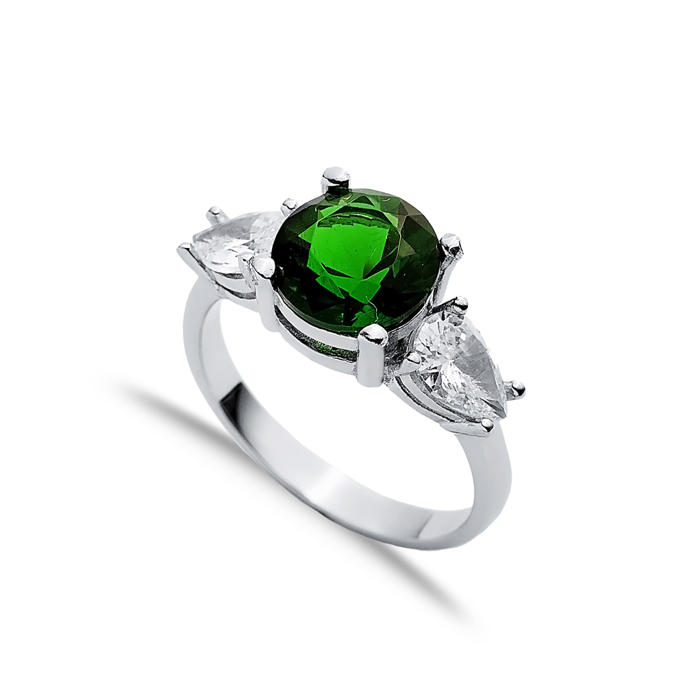 Round Emerald Pear CZ Stone Ring Wholesale Silver Jewelry