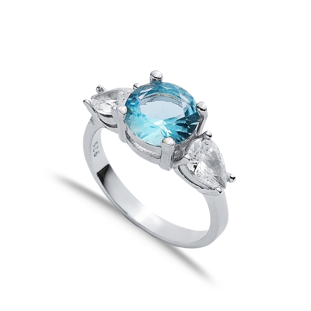 Round Aquamarine Pear CZ Stone Ring Wholesale Silver Jewelry