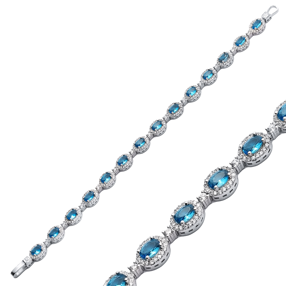 Oval Shape Auqamarine CZ Stone 925 Sterling Silver Tennis Bracelet