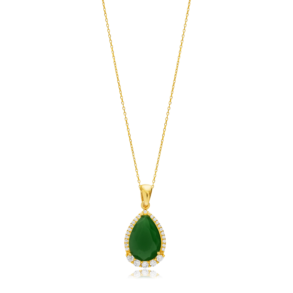 Pear Design Green CZ Stone Silver Charm Necklace Pendant