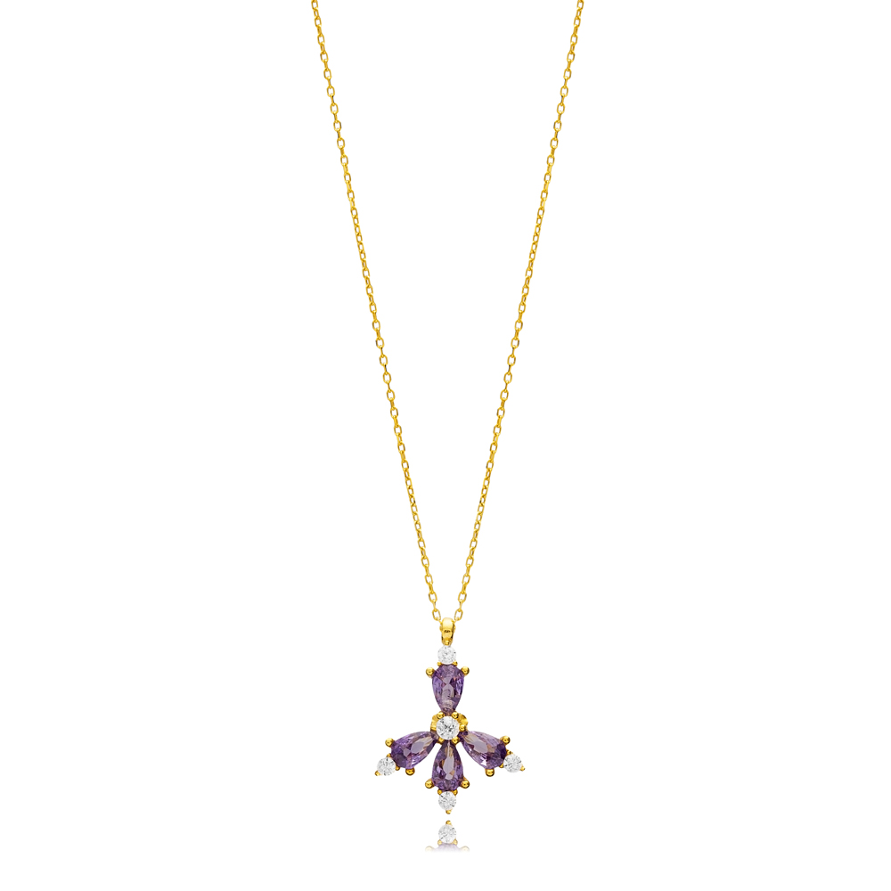 Flower Amethyst CZ Stone Silver Charm Necklace