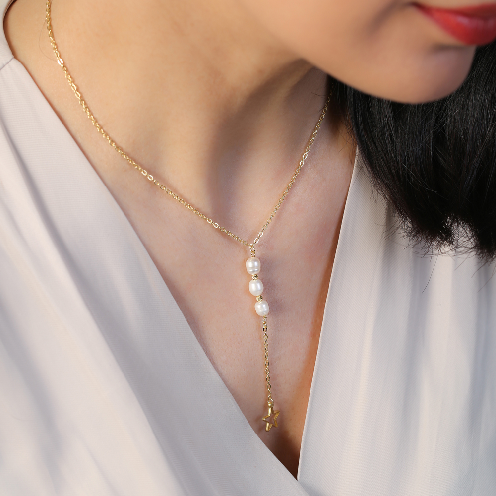 Star Design Pearl Pendant Silver Y Necklace