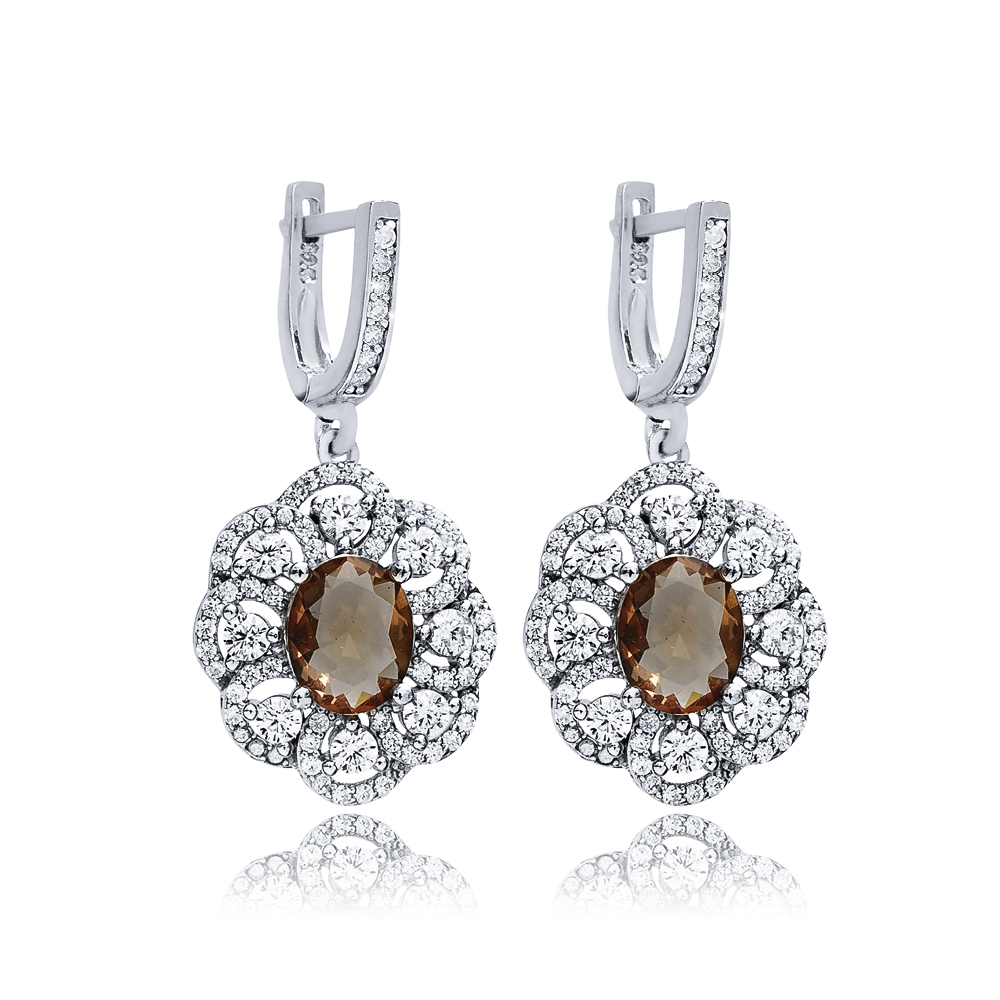 Oval Flower Design Silver Dangle Zultanite Earrings