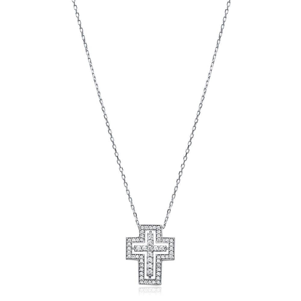 Cross Design CZ Stone Charm Necklace