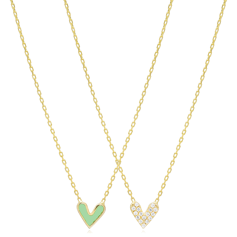 Heart Double Sided White Green CZ Silver Charm Pendant Necklace