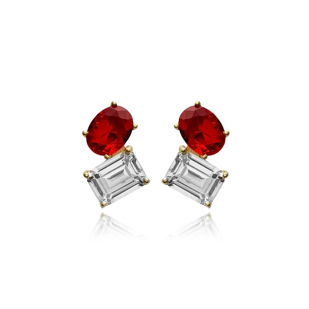 Garnet CZ Oval Design Baguette 925 Stud Earrings