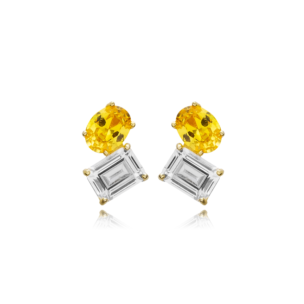 Citrine CZ Oval and Baguette Stone Stud Earrings