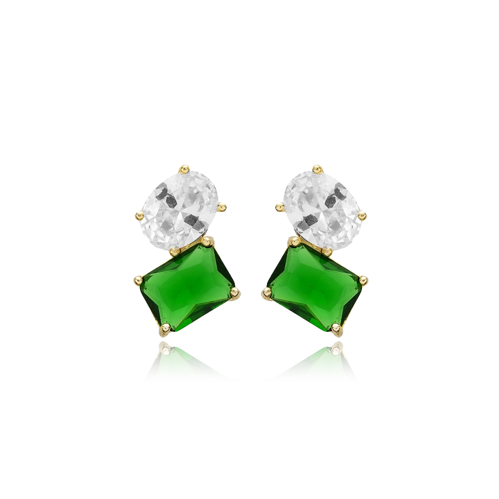 Emerald CZ Oval Design Baguette 925 Stud Earrings