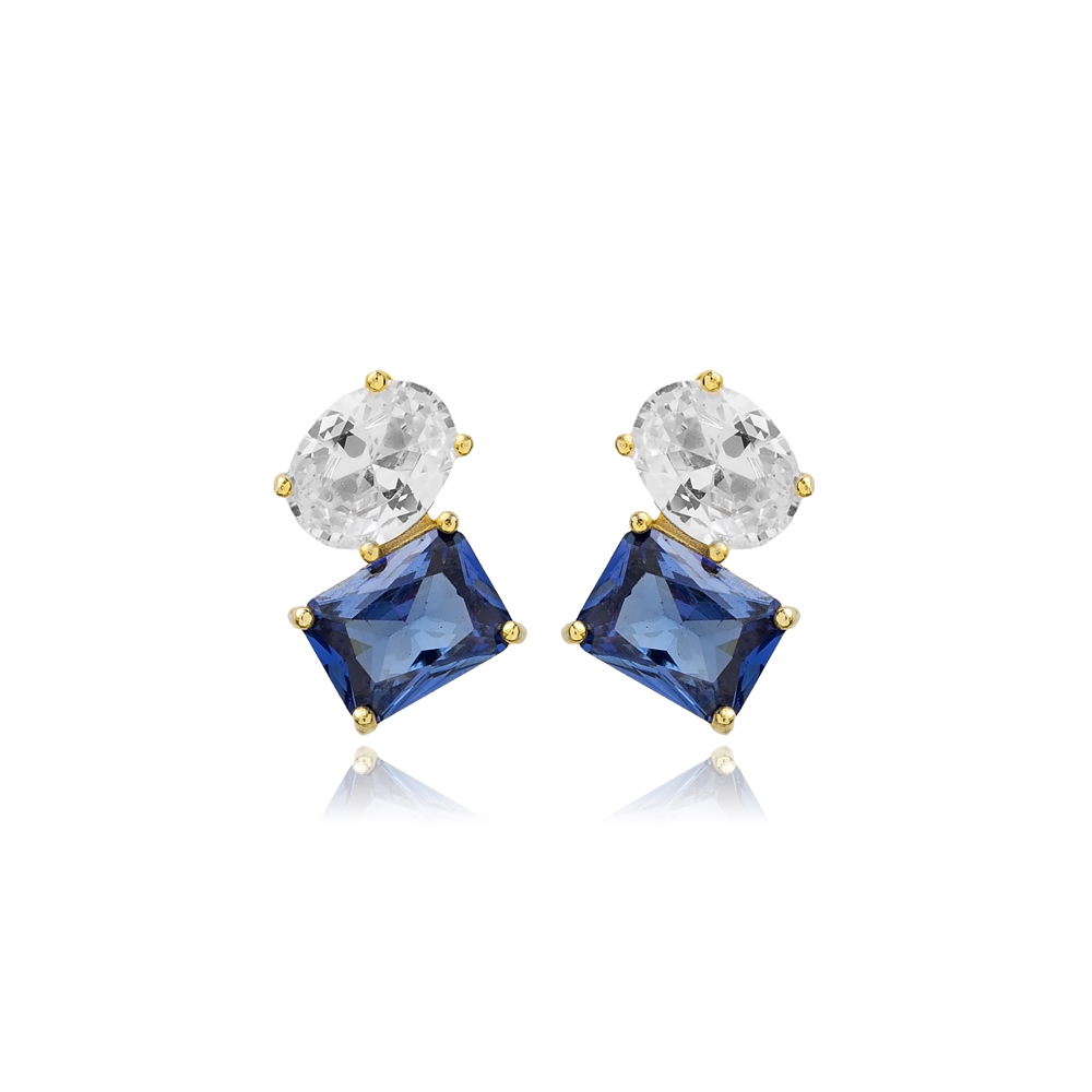 Tanzanite CZ Oval Design Baguette 925 Stud Earrings