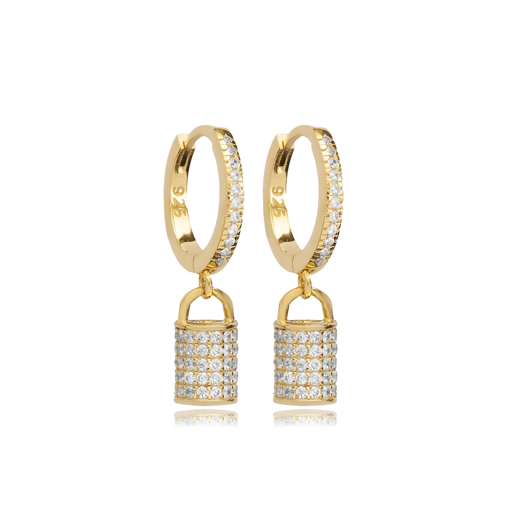 Lock Shape CZ Stone Dangle Earrings