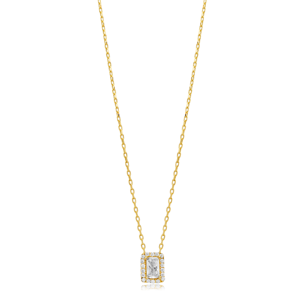 Rectangle Design CZ Stone Charm Necklace