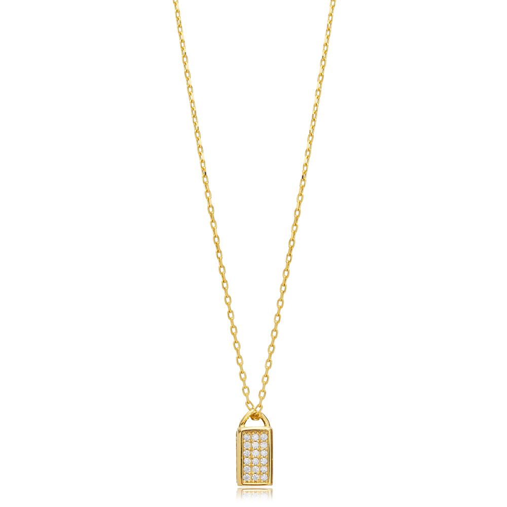 Lock Design CZ Stone Charm Necklace