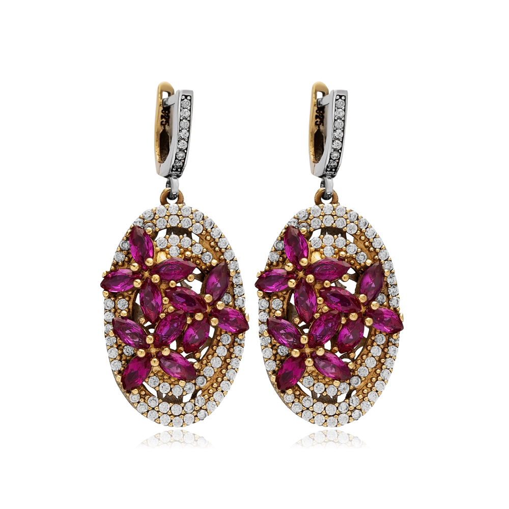 Ruby CZ Oval Authentic Turkish Dangle Earrings