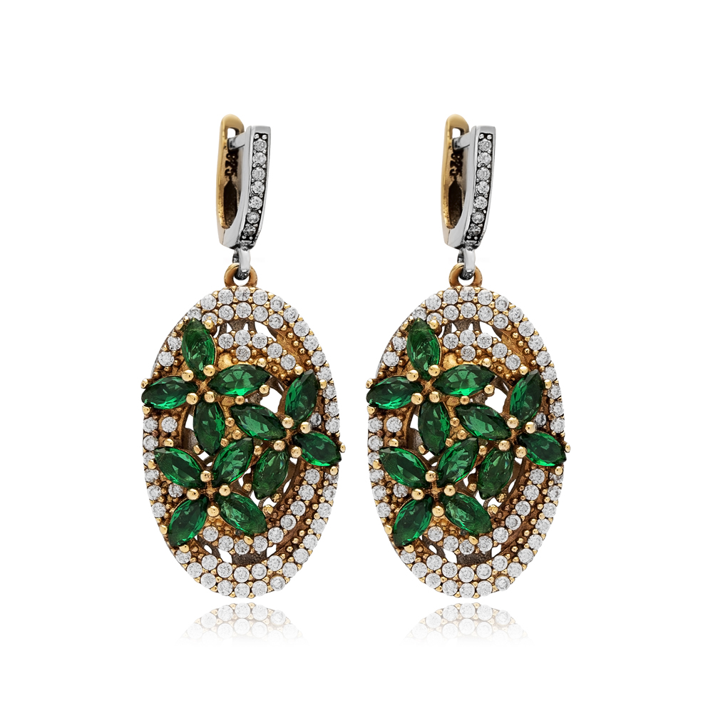 Emerald CZ Oval Authentic Turkish Dangle Earrings
