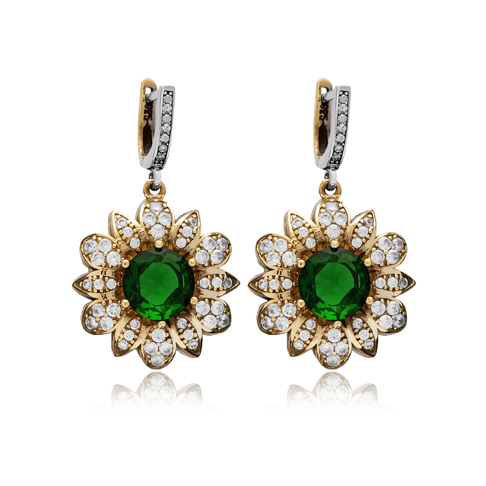 Flower CZ Emerald Authentic Turkish Dangle Earrings