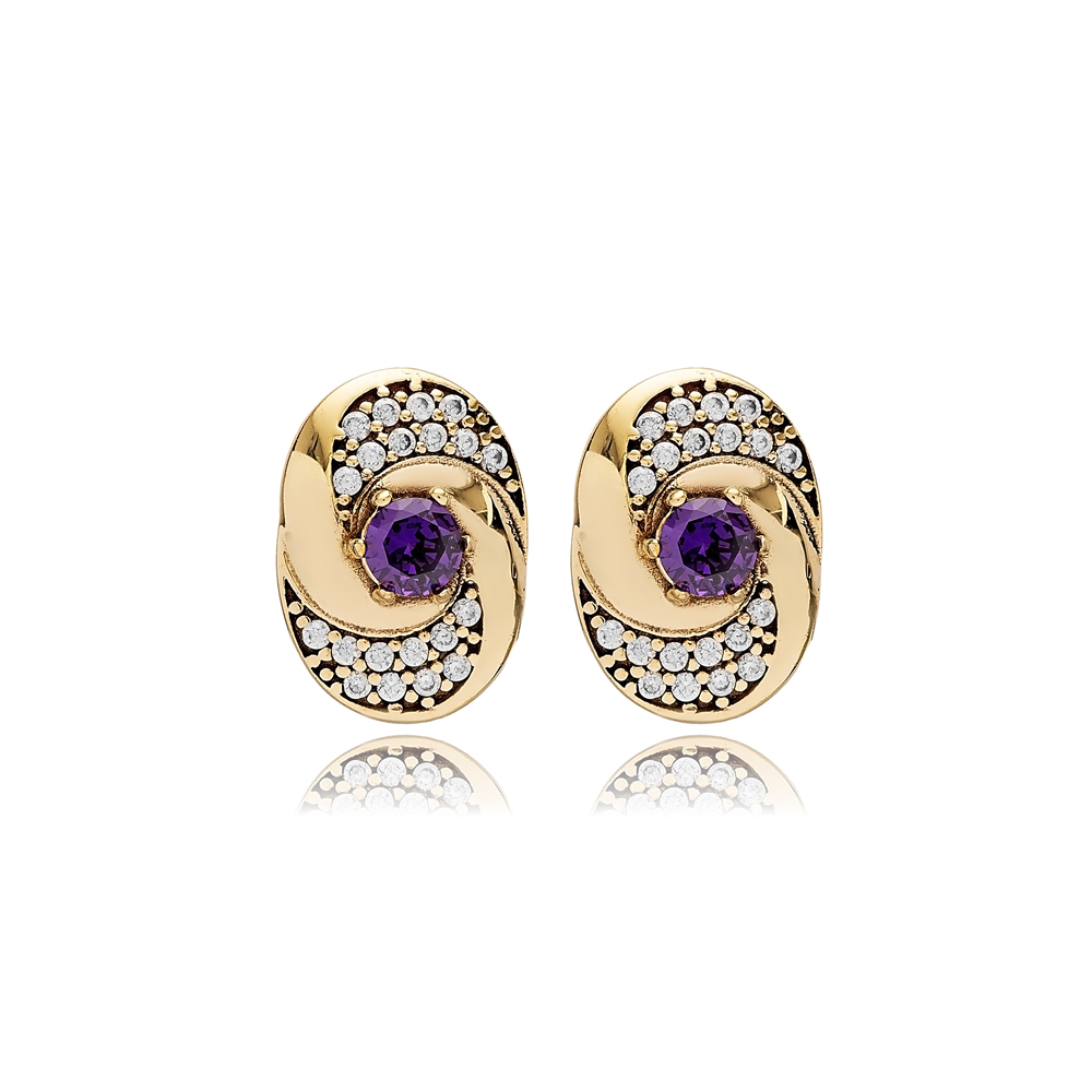 Amethyst CZ Round Design Authentic Earrings