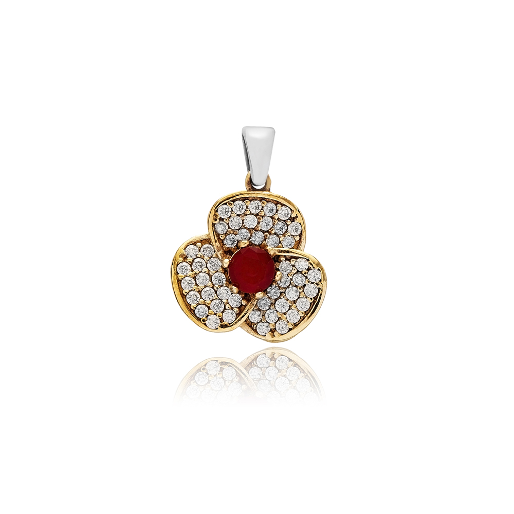 Garnet CZ Flower Design Authentic Pendant