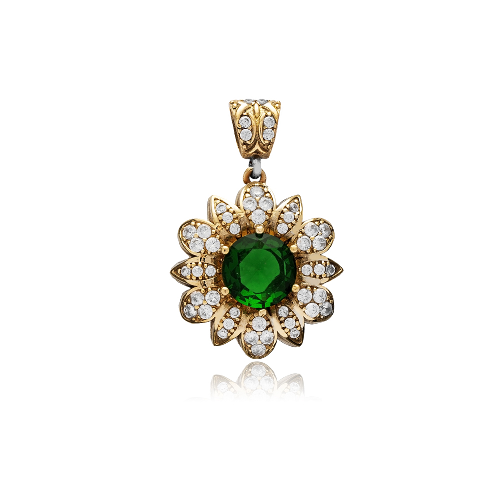 Flower Emerald CZ Turkish Authentic Pendant