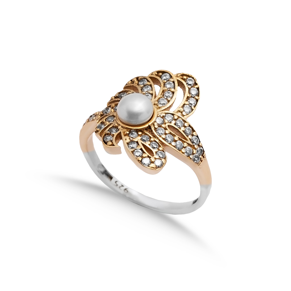 Pearl CZ Flower Ottoman Silver Authentic Ring