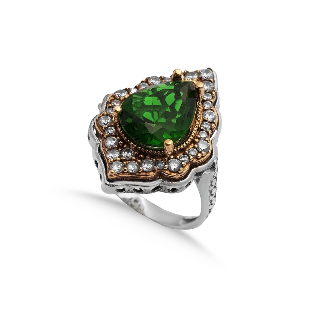 Pear Emerald CZ Silver Ottoman Authentic Ring