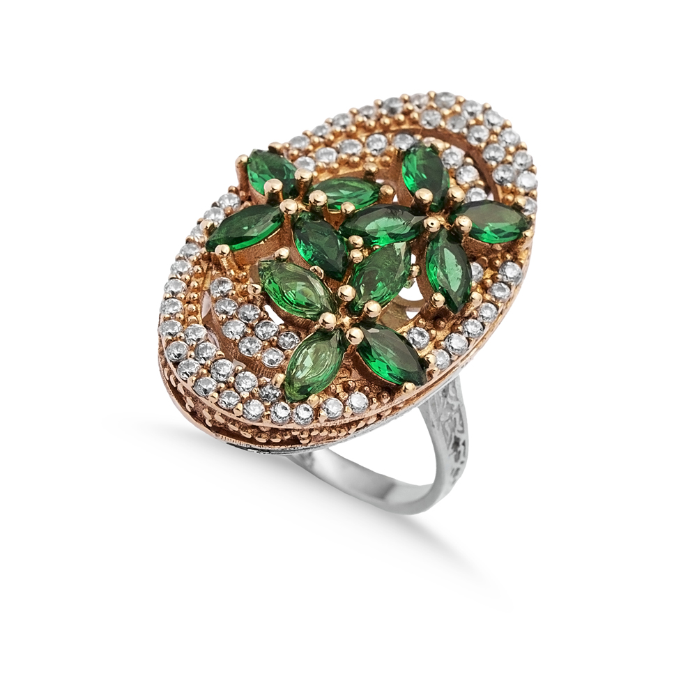 Emerald CZ Flower Design Authentic Ring