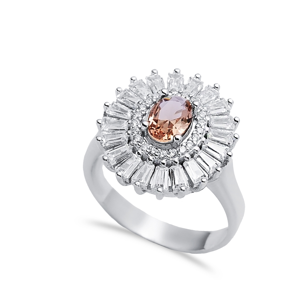 Shiny CZ Oval Baguette Cluster Silver Zultanite Ring
