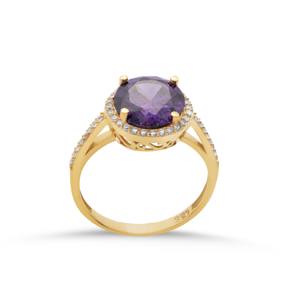 Round Design Amethyst CZ Stone Cluster Ring