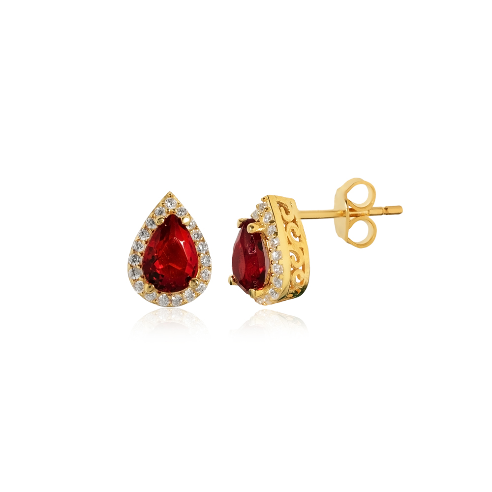 Pear Design Garnet CZ Stone  Stud Earring