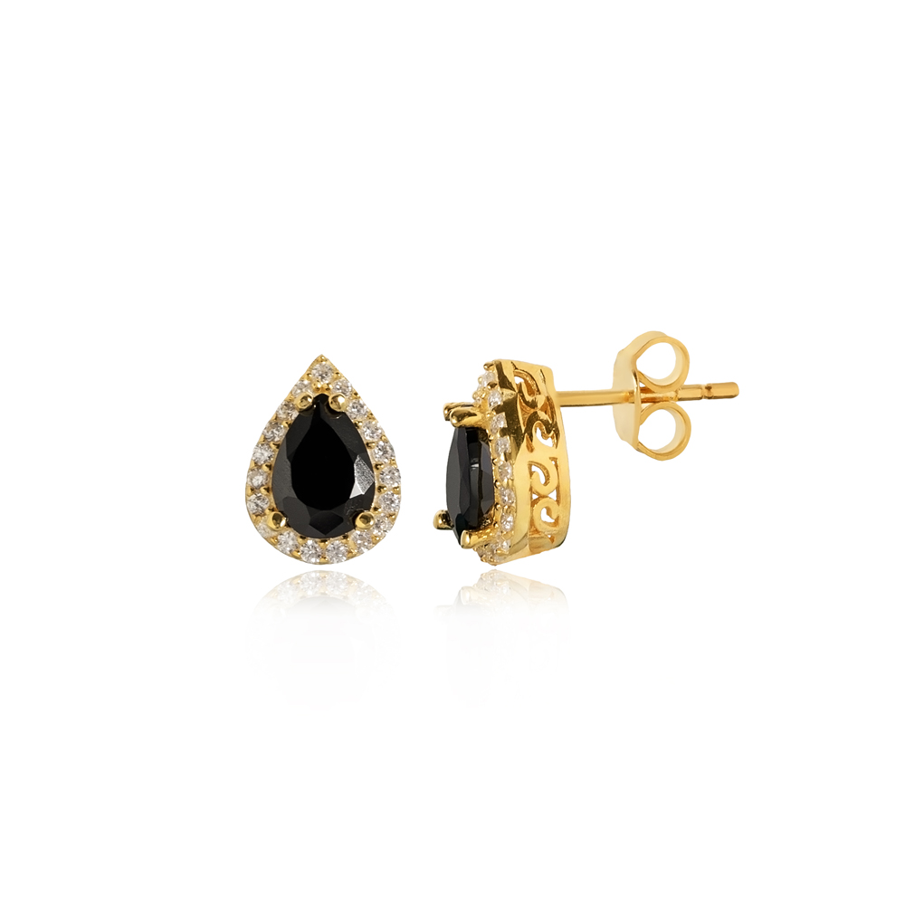 Pear Design Black CZ Stone  Stud Earring
