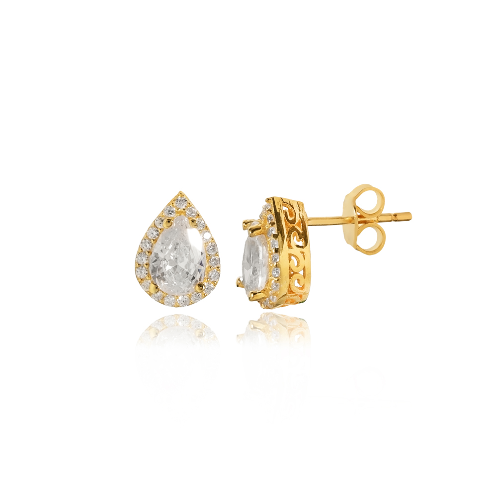 Pear Design White CZ Stone  Stud Earring