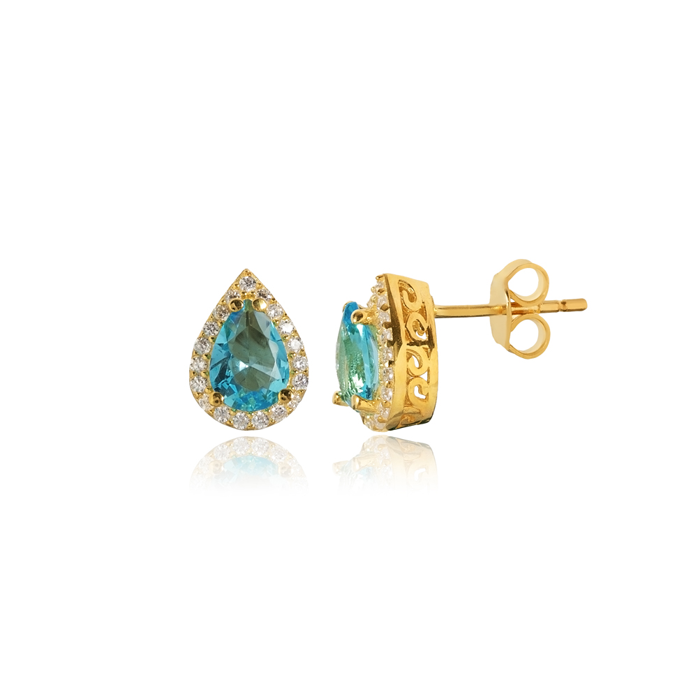 Pear Design Aquamarine CZ Stone  Stud Earring
