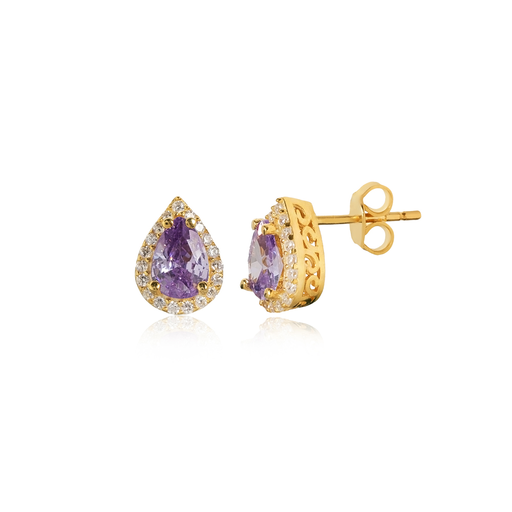 Pear Design Amethyst CZ Stone  Stud Earring