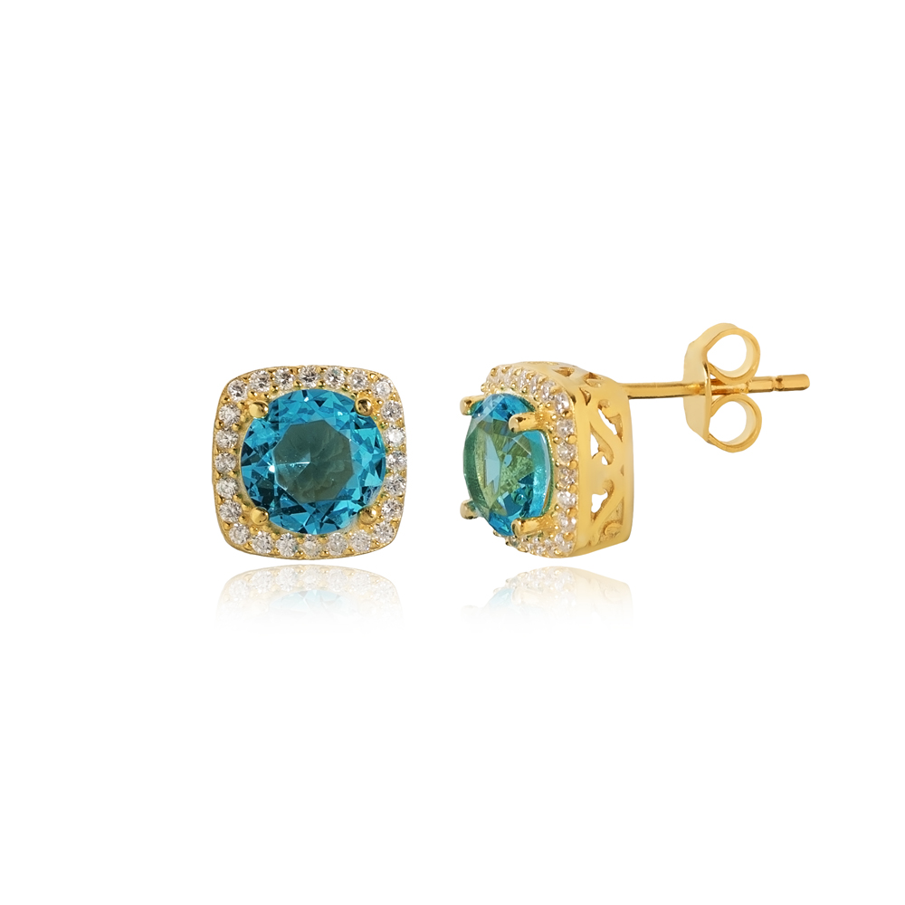 Square Shape Round Aquamarine CZ Stud Earring
