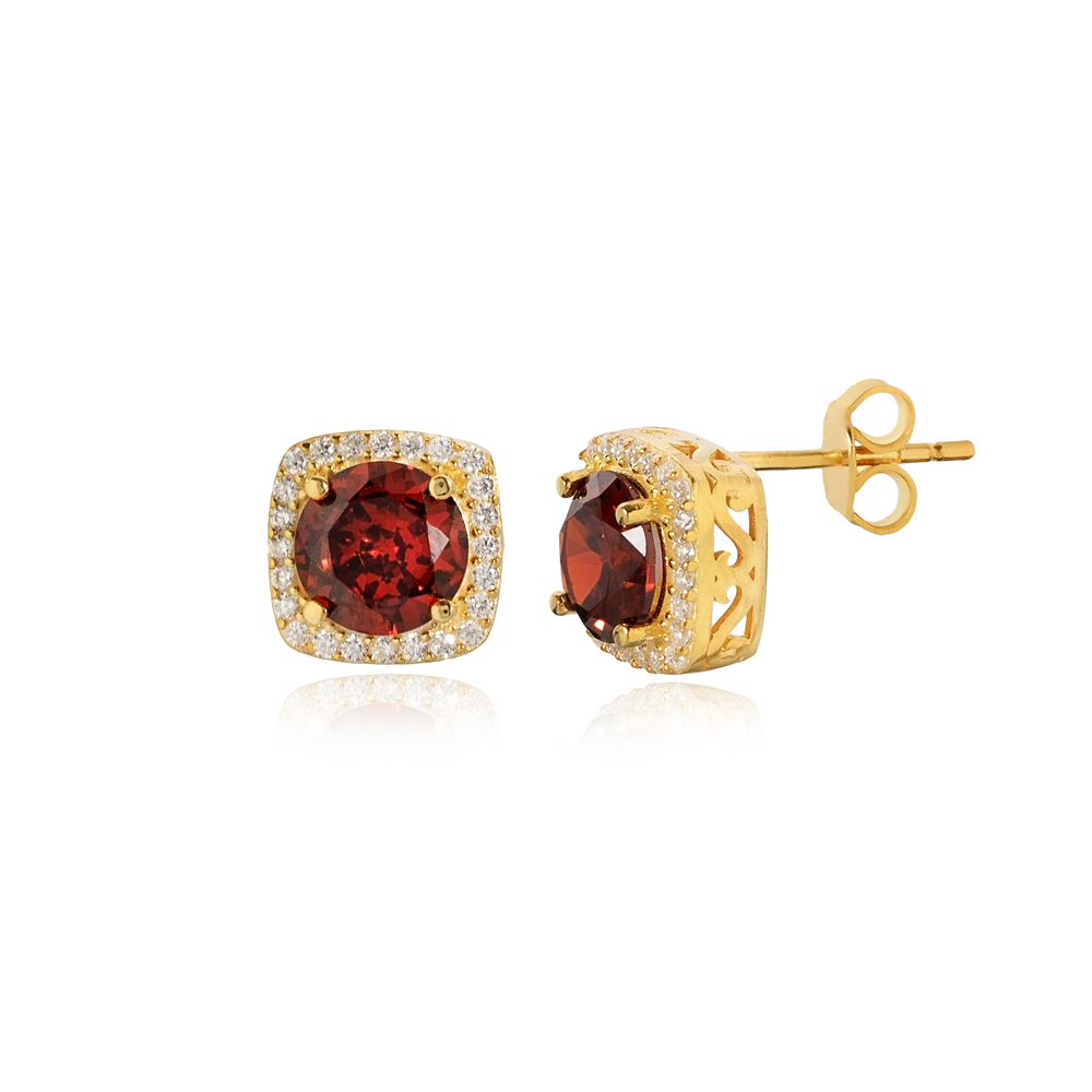 Square Shape Round Garnet CZ Stud Earring