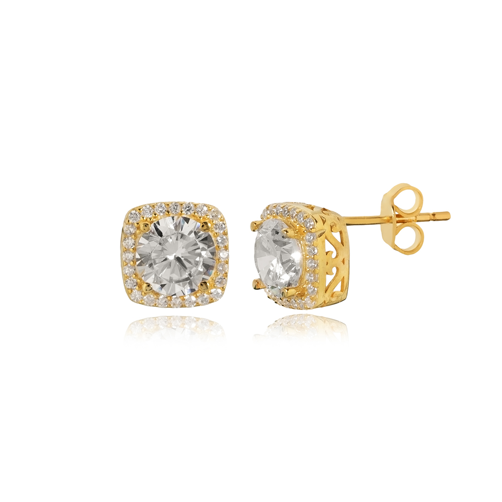 Square Shape Round White CZ Stud Earring