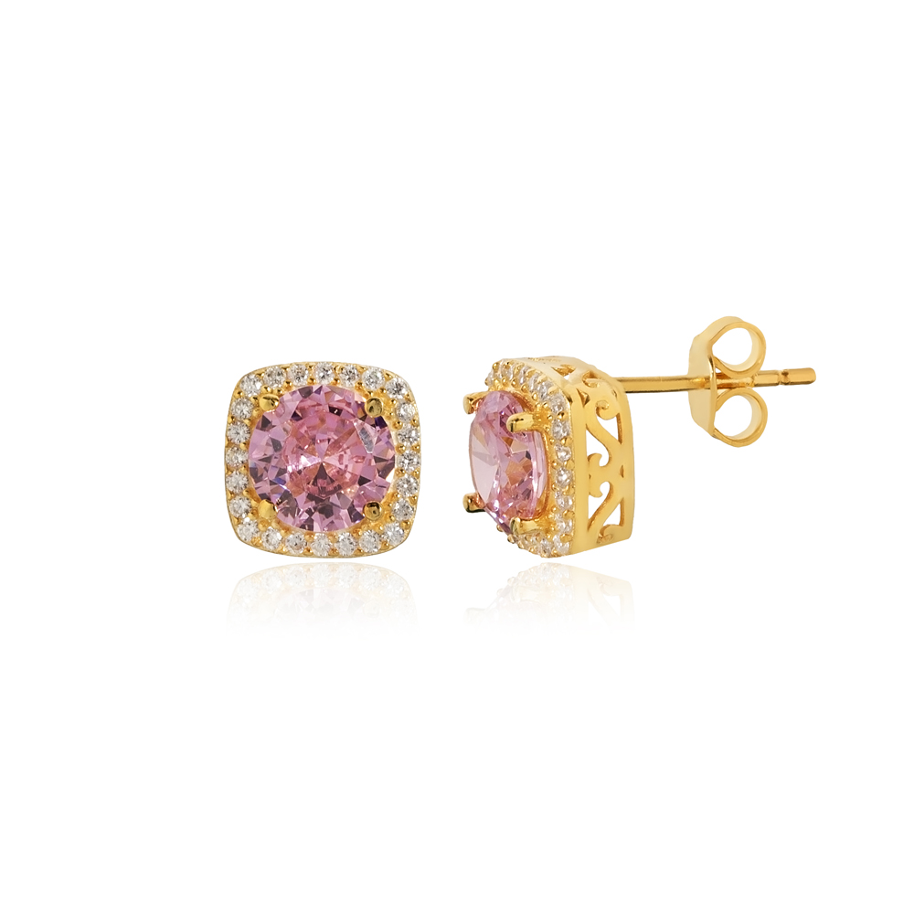 Square Shape Round Pink CZ  Stud Earring