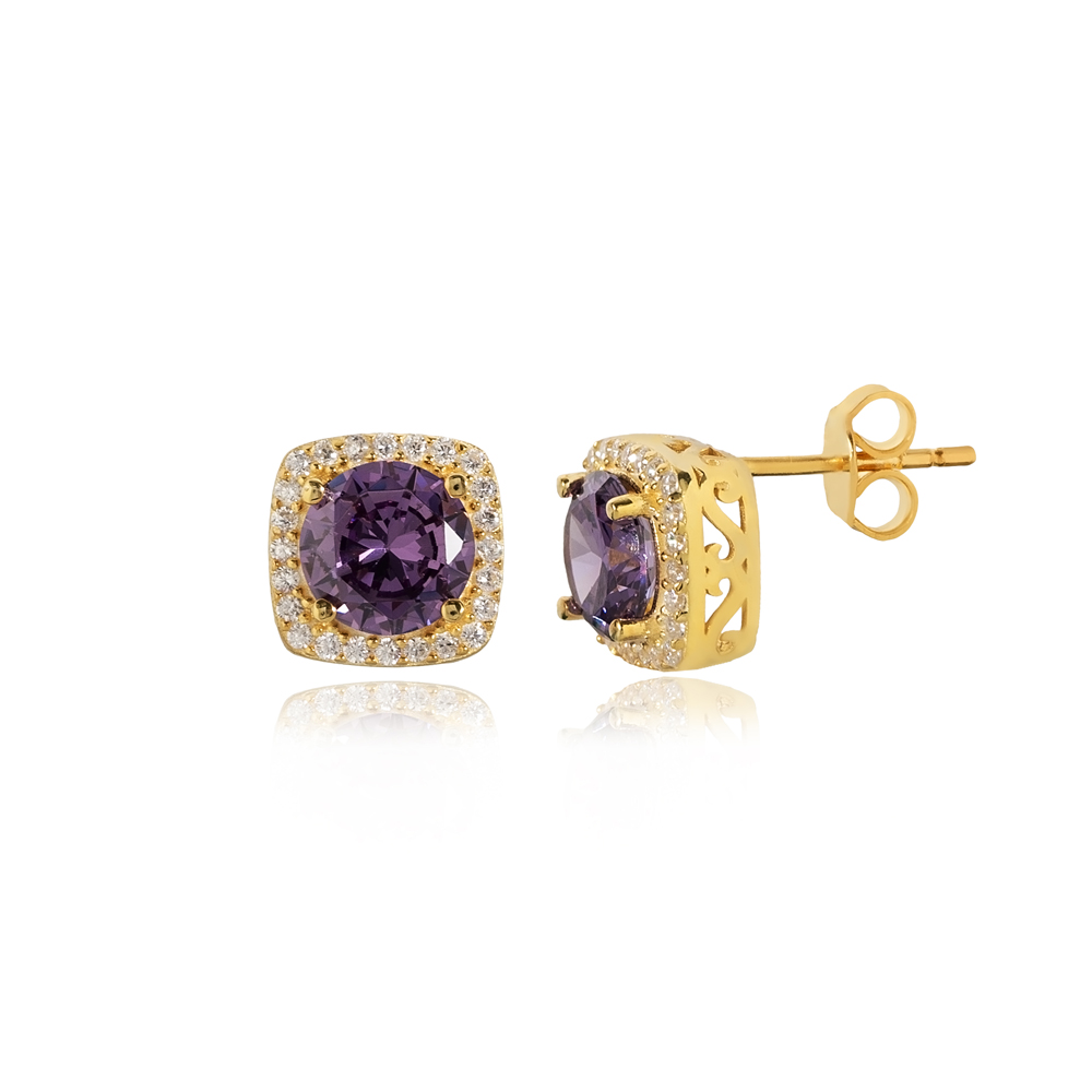 Square Shape Round Amethyst CZ  Stud Earring