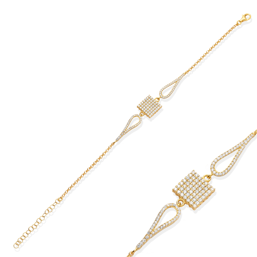 Square Design CZ Stone Charm Bracelet