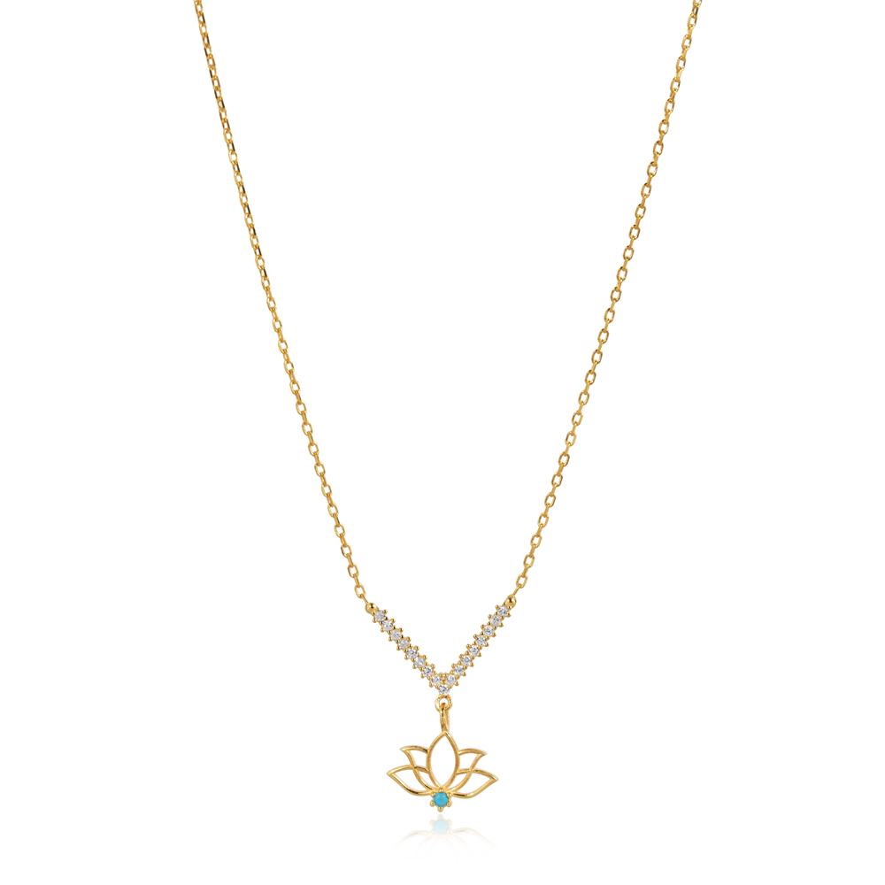 Turquoise Stone Lotus Design CZ Charm Necklace