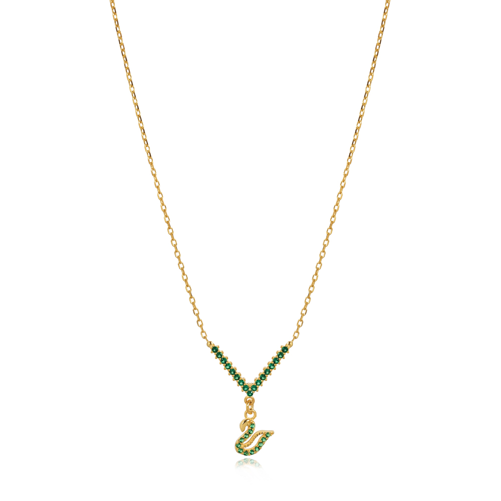Emerald CZ Stone Swan Design Charm Necklace