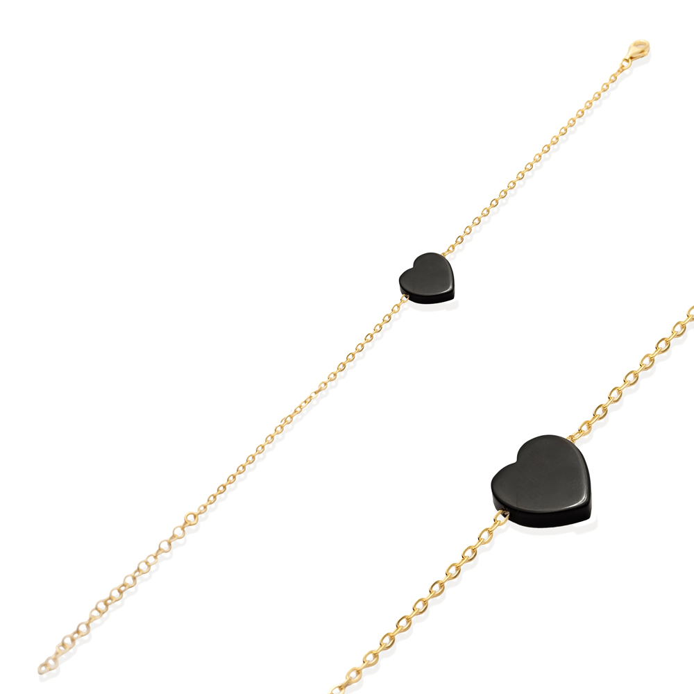 Onyx Heart Design 925 Silver Charm Bracelet