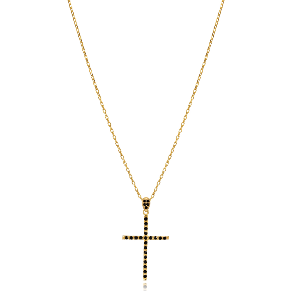 Black CZ Stone Cross Design Charm Necklace