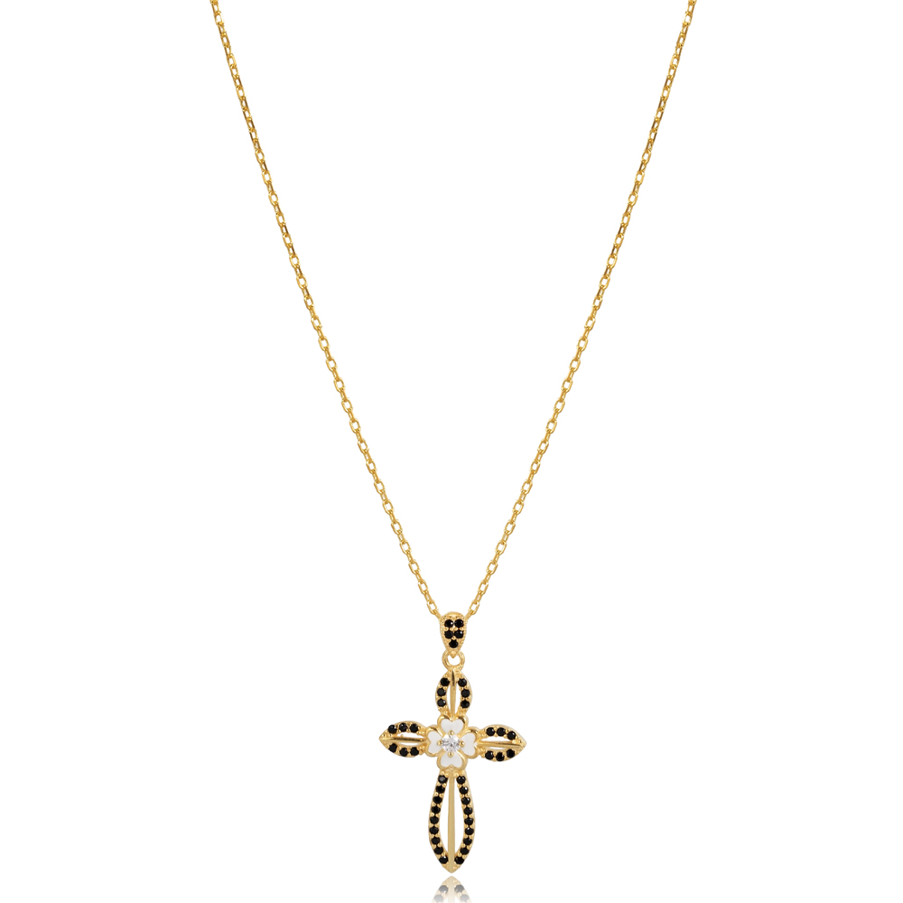 White Enamel Black CZ Stone Cross Necklace