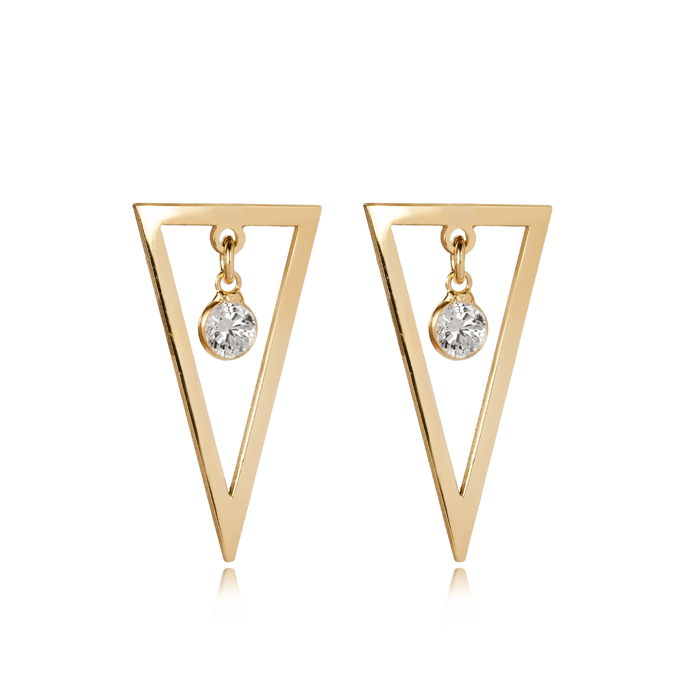 Plain Triangle Round CZ Stone Stud Earrings