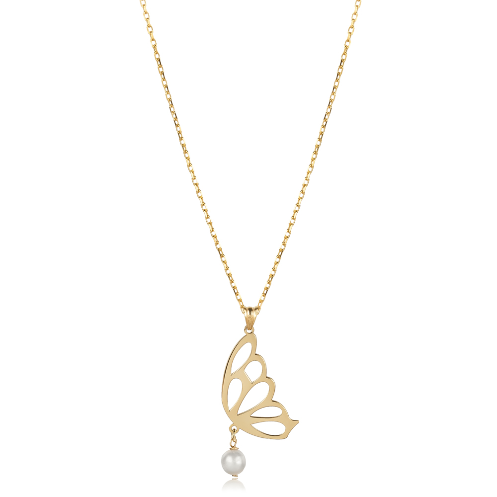 Plain Butterfly Pearl Design Charm Necklace