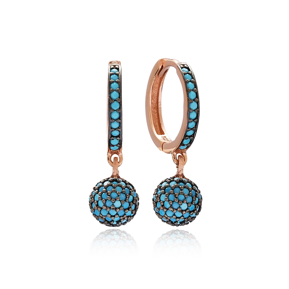 Turquoise Stone Delicate Round Earrings Turkish Wholesale 925 Sterling Silver Jewelry